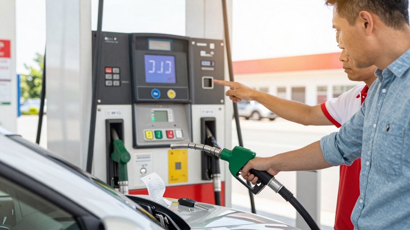 Homem abastecendo carro enquanto funcionário aponta para a bomba de combustível em posto de gasolina.