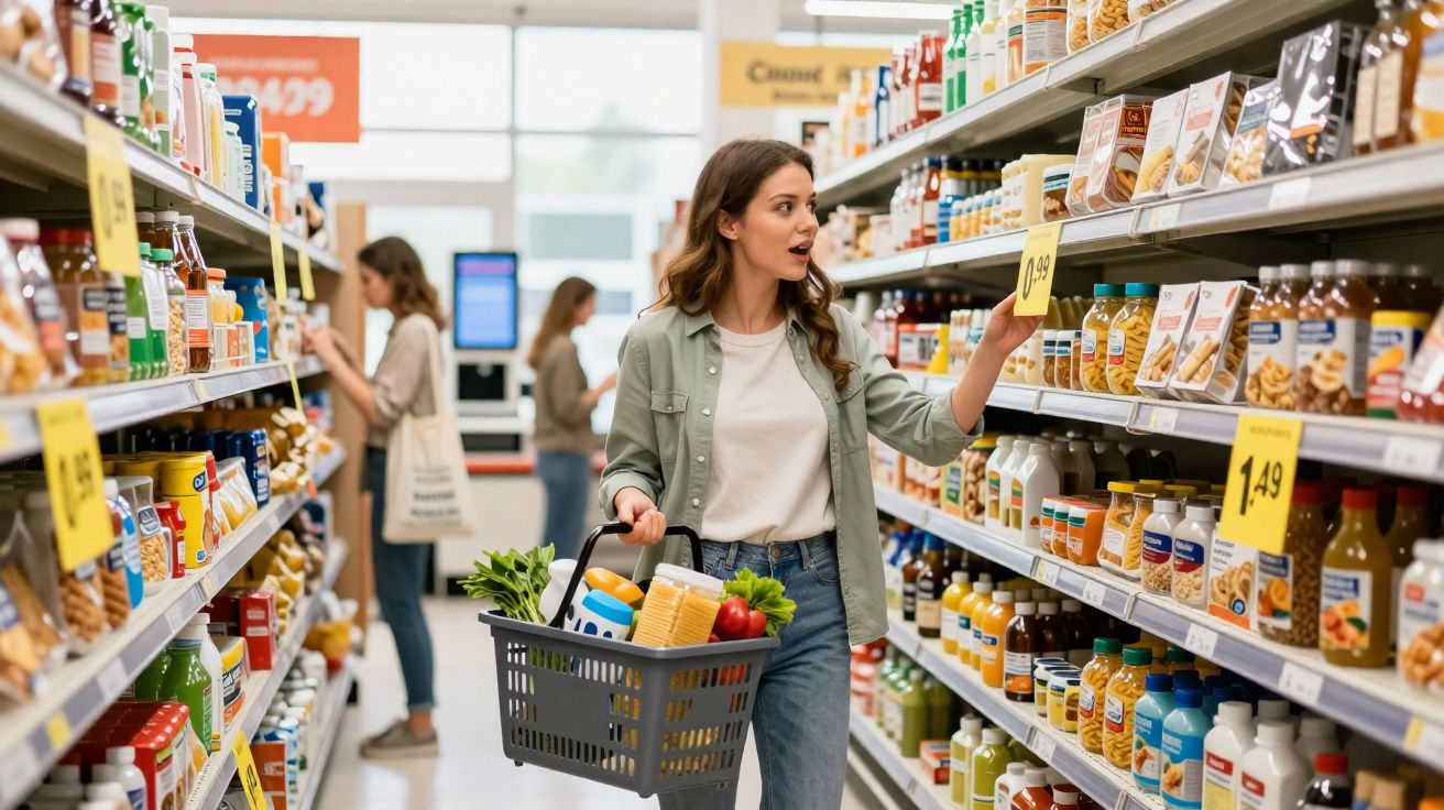Mulher segurando cesta de compras e olhando etiqueta de preço em supermercado cheio de produtos variados.