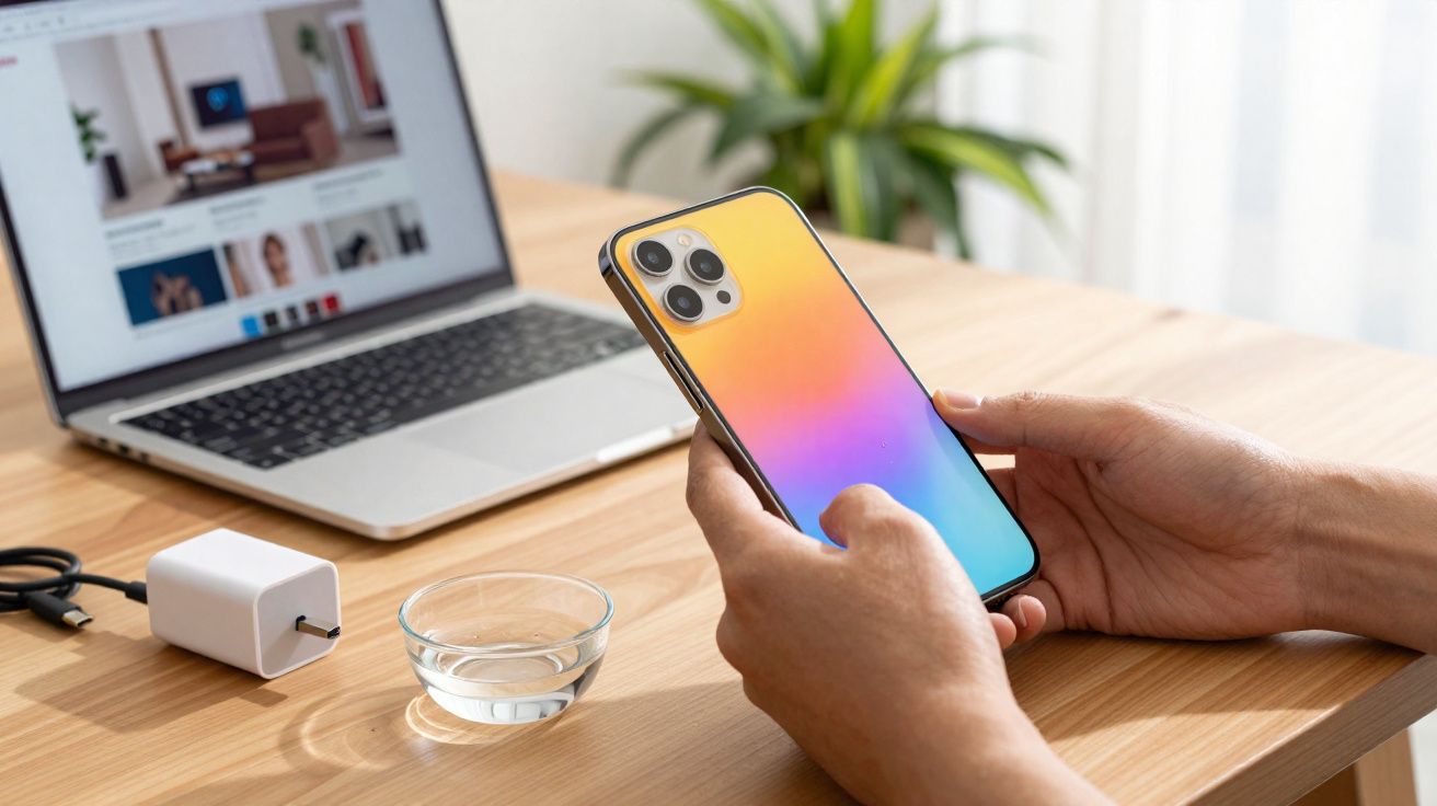 Pessoa segurando smartphone colorido ao lado de laptop e copo de água sobre mesa de madeira.