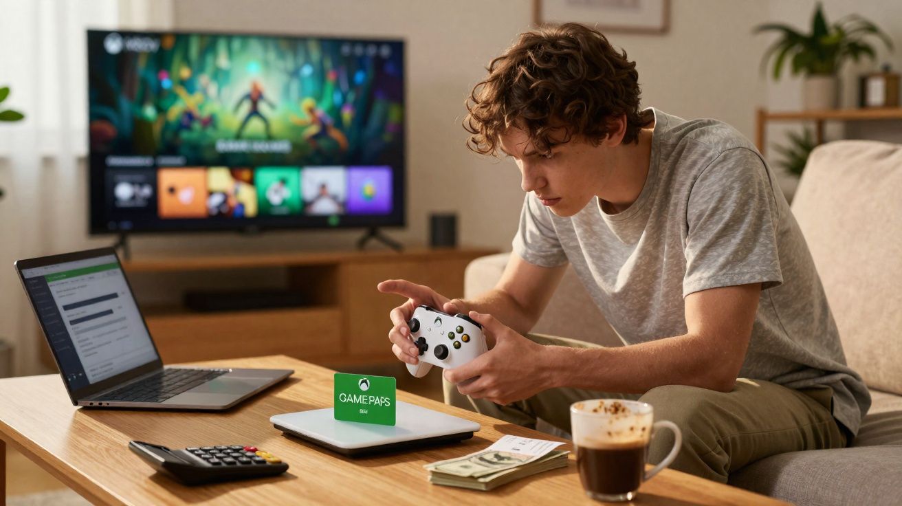 Jovem sentado no sofá jogando videogame com controle, laptop e dinheiro sobre a mesa de centro.