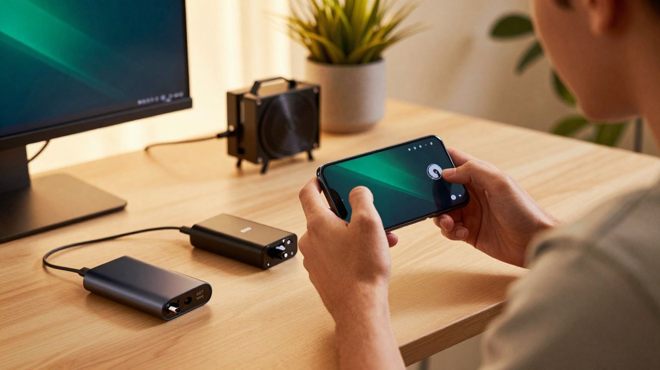 Pessoa segurando smartphone perto de monitor com dispositivos eletrônicos e planta sobre mesa de madeira.