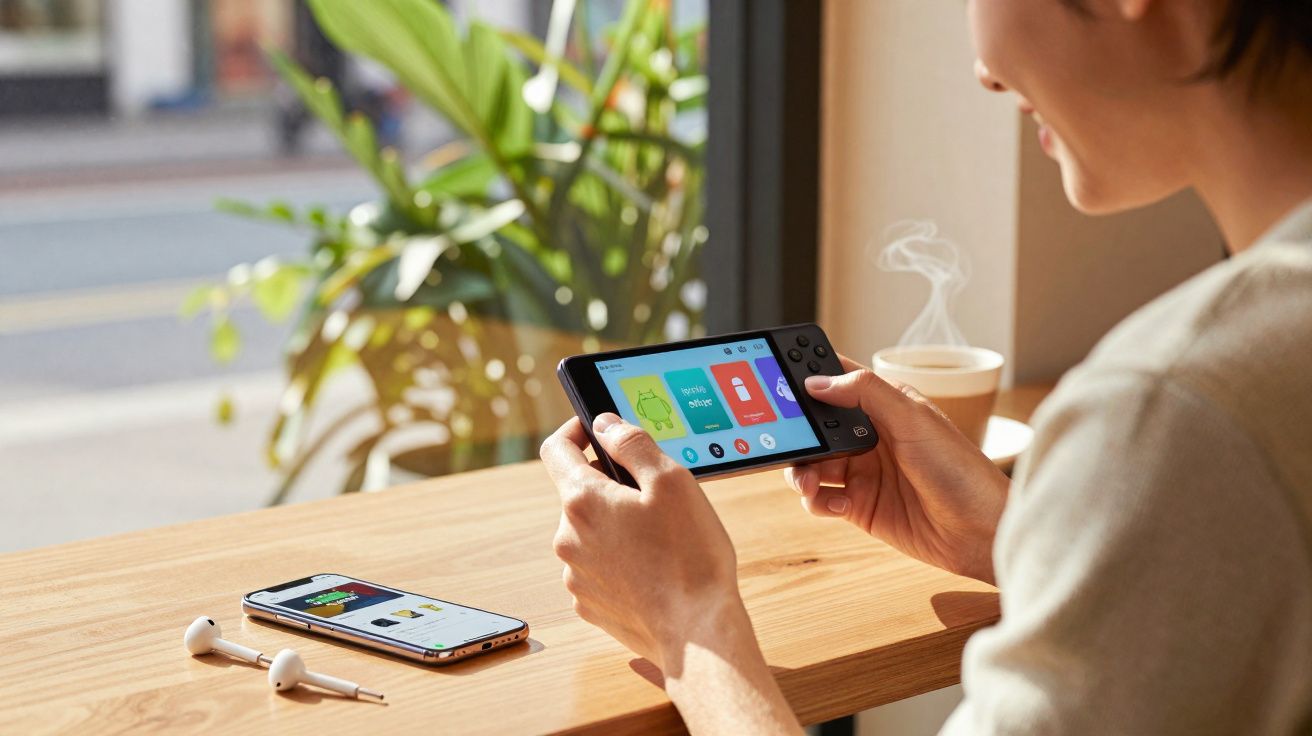 Pessoa segurando dispositivo portátil com jogos, mesa de madeira com smartphone e fones ao lado, copo com bebida quente.