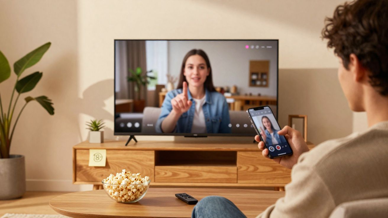Pessoa em videochamada segurando celular com a mesma imagem na TV, em sala com pipoca e controle remoto.