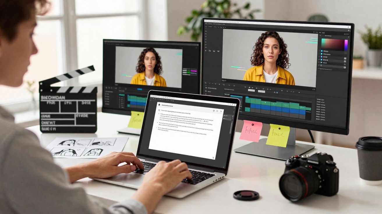Pessoa editando vídeo em laptop com múltiplos monitores, câmera DSLR e claquete ao fundo.