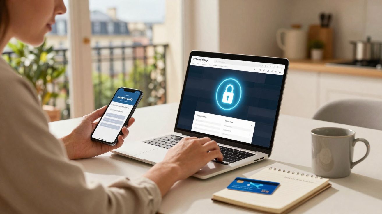 Pessoa usando celular e notebook com tela de segurança, ao lado de cartão de crédito e caderno em mesa branca.