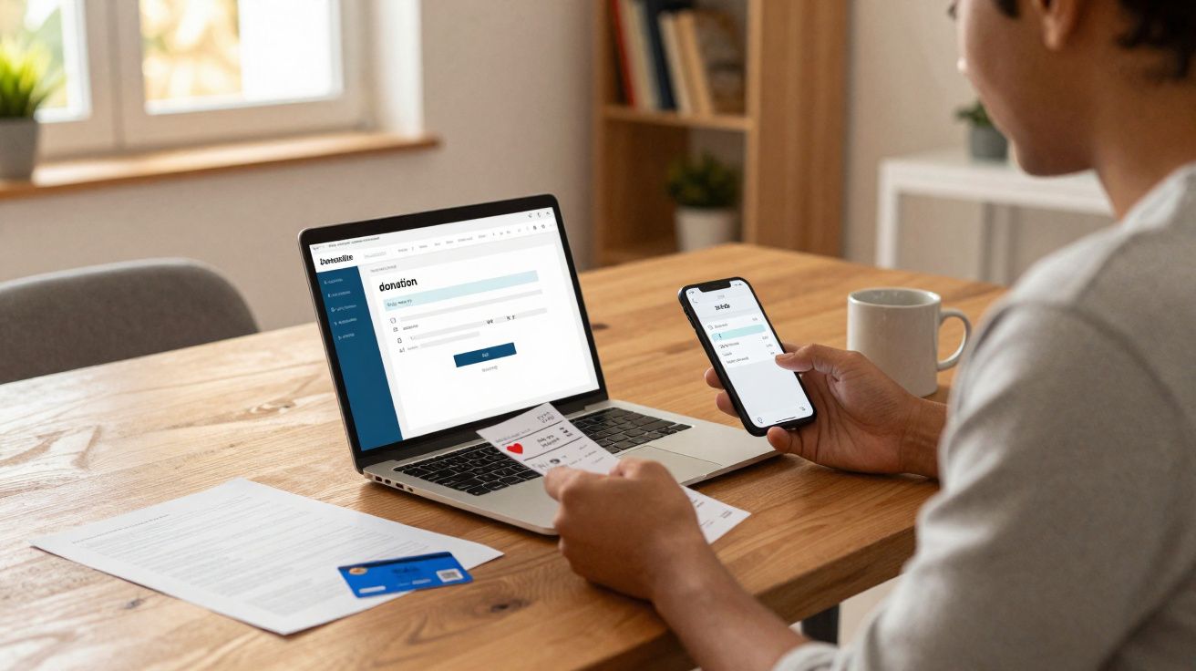 Pessoa usando celular e notebook para fazer doação online em mesa de madeira com documentos e xícara.
