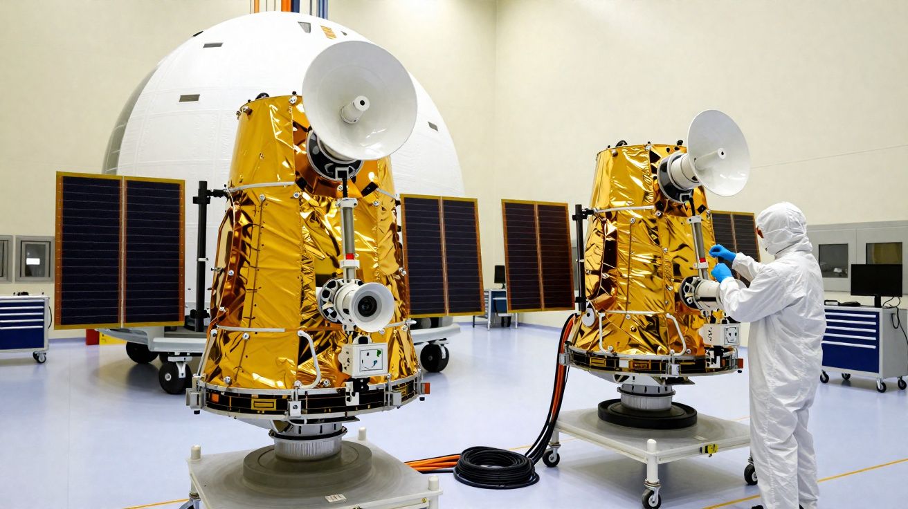 Dois satélites dourados em laboratório com técnico usando roupa branca e azul manuseando um deles.