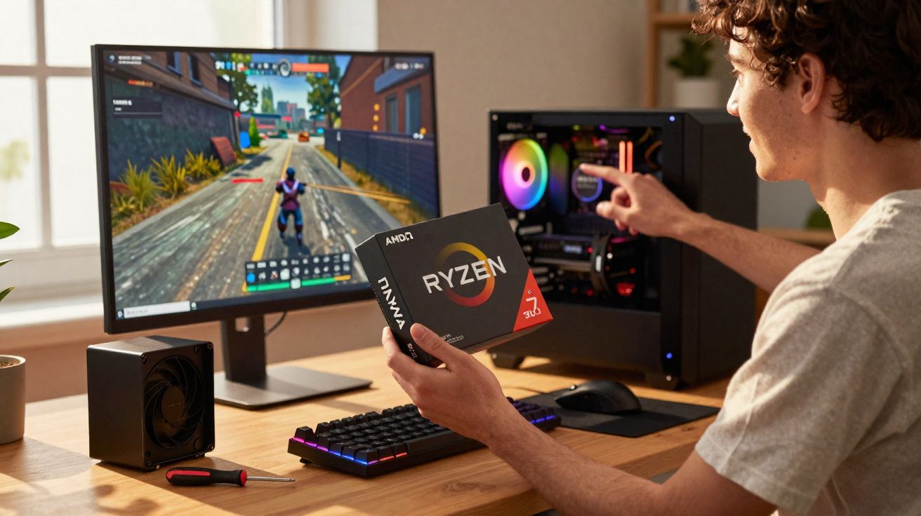 Homem segura processador AMD Ryzen enquanto interage com computador gamer ligado na mesa de madeira.
