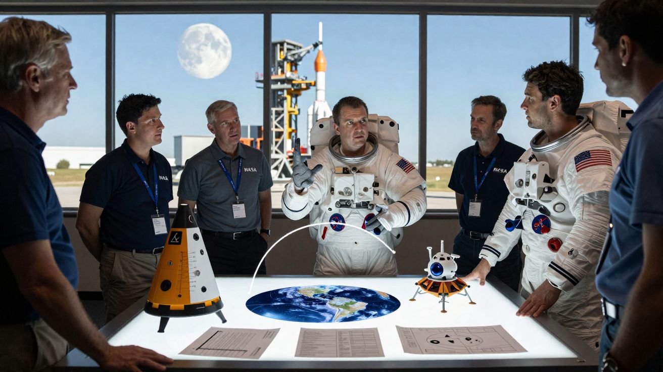 Equipe da NASA discutindo missão espacial com astronautas e maquetes de nave e módulo lunar.