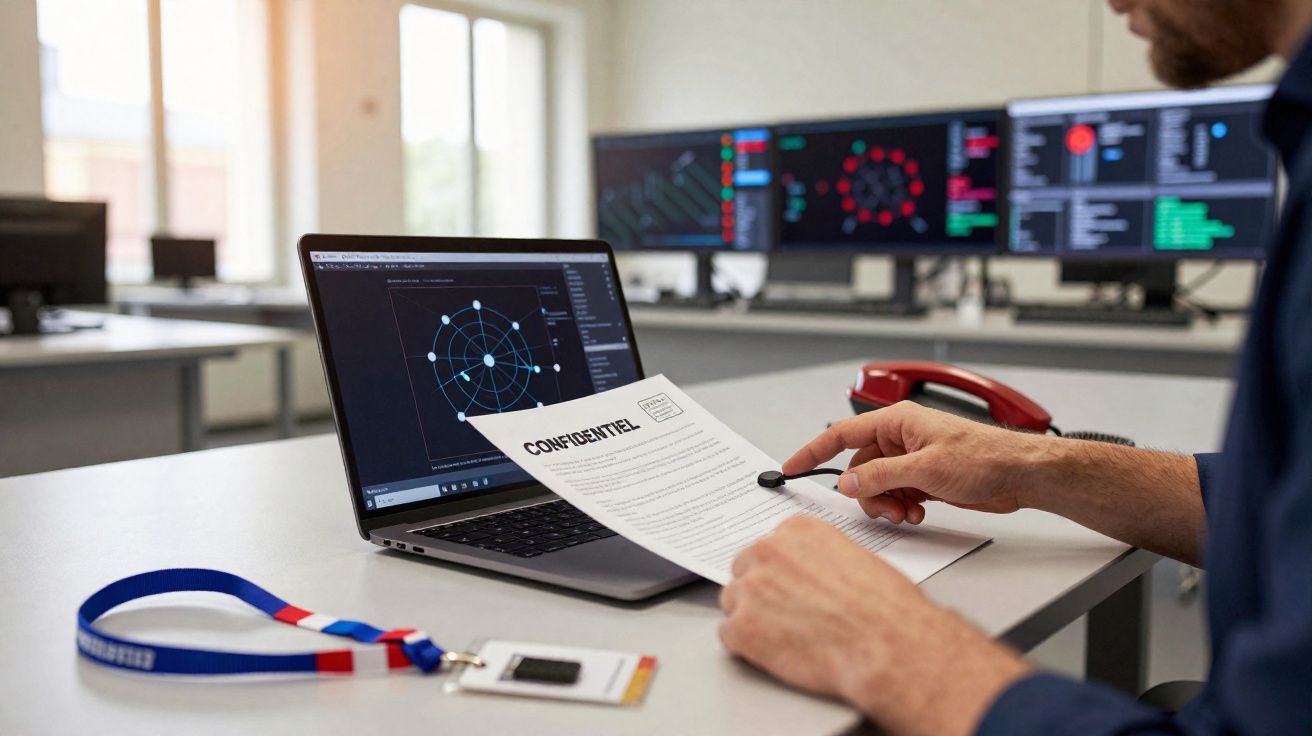 Pessoa analisando documento confidencial em escritório com laptop e múltiplos monitores ao fundo.
