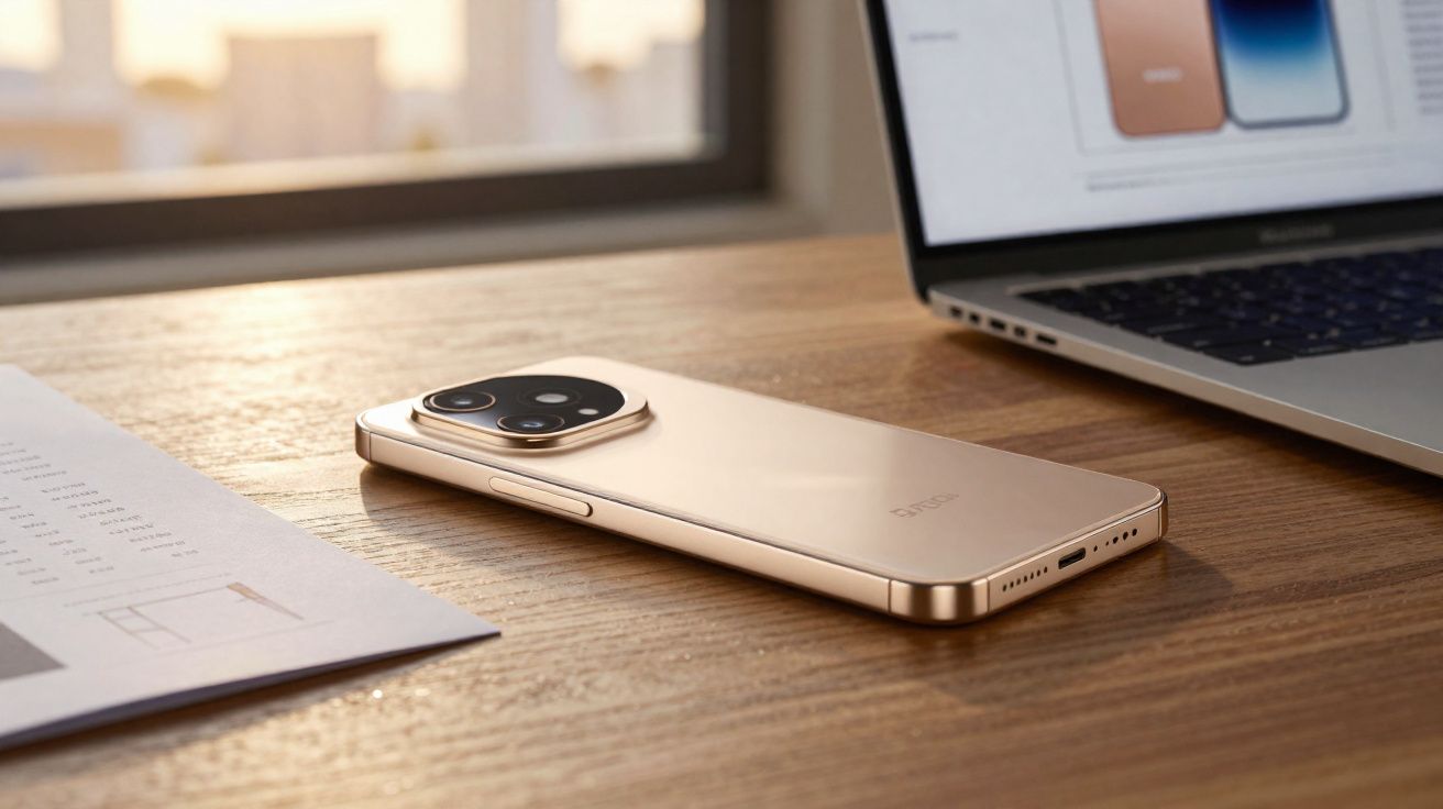 Smartphone dourado sobre mesa de madeira próximo a laptop e documento, em ambiente com luz natural.