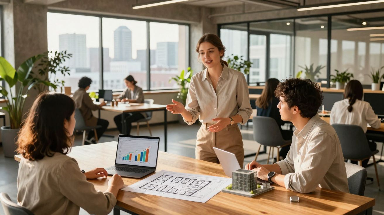Três profissionais discutem projetos em escritório moderno, com planta arquitetônica e gráficos em laptop.