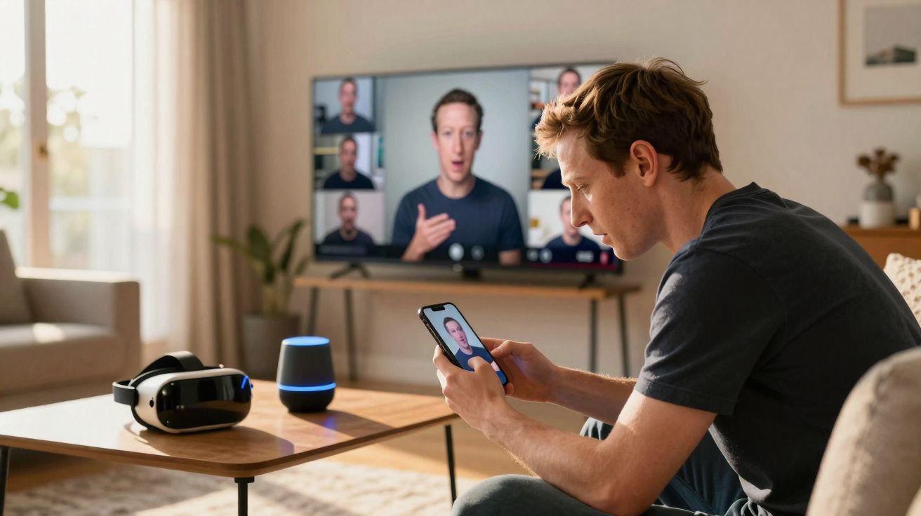 Homem sentado no sofá usa smartphone com videoconferência, TV e dispositivos tecnológicos ao fundo.