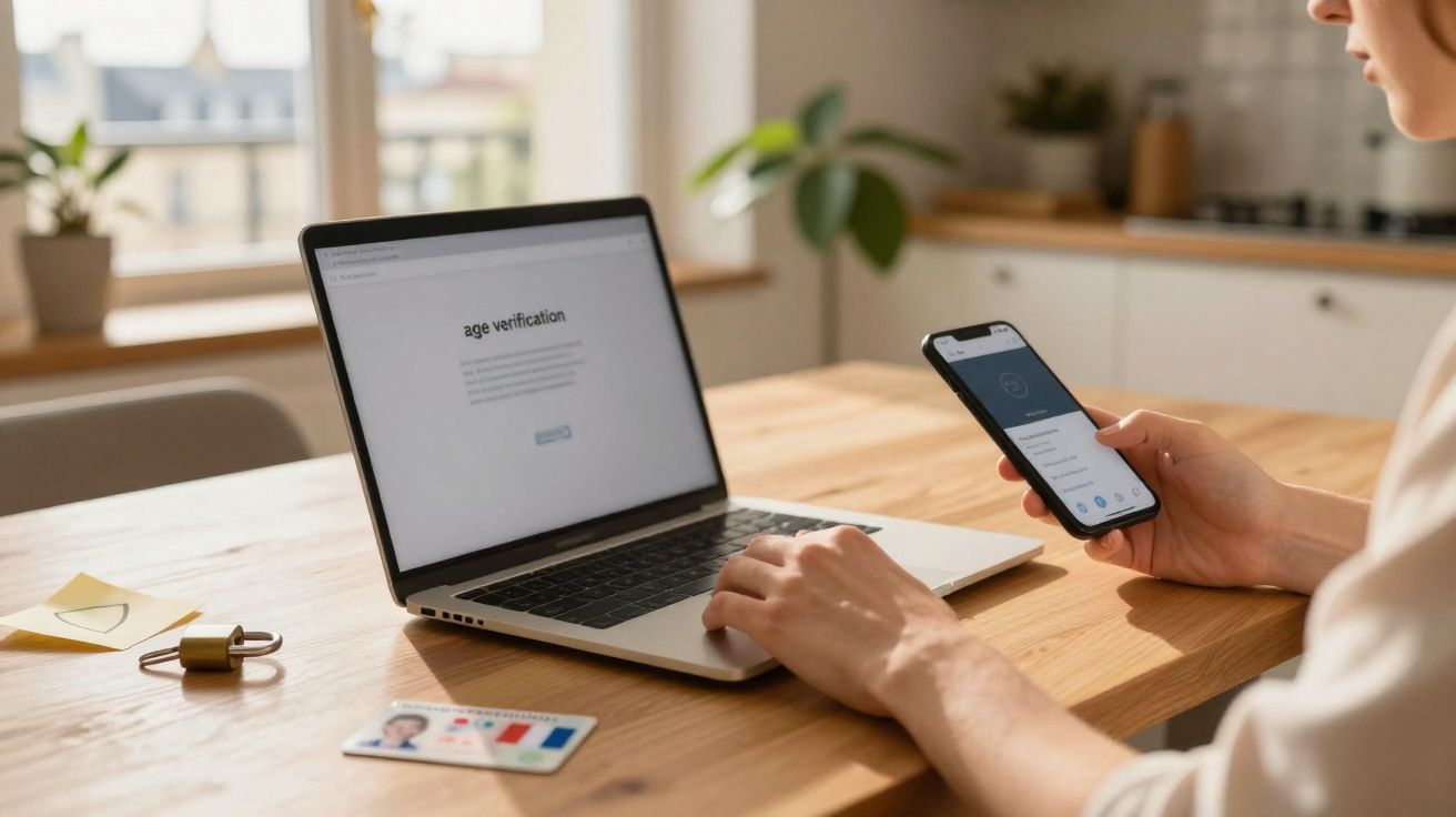 Pessoa usando computador e celular para verificação de idade em mesa com documentos e cadeado.