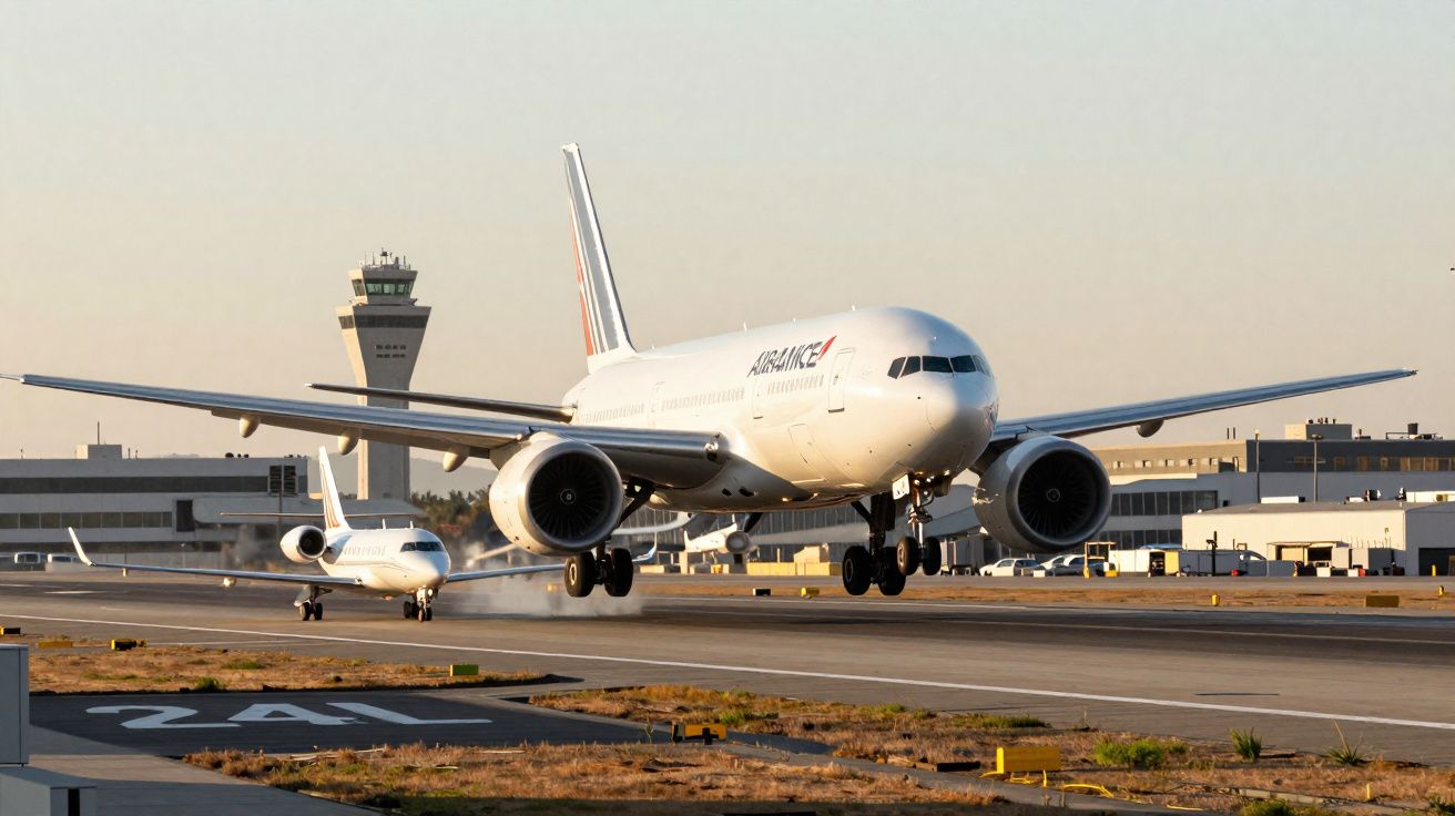 Avião da Air France pousando em pista de aeroporto com torre de controle e outro avião ao fundo.