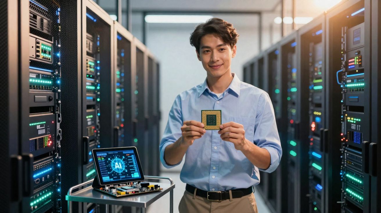 Homem em datacenter segurando chip de computador com tablet exibindo IA em carrinho ao lado.