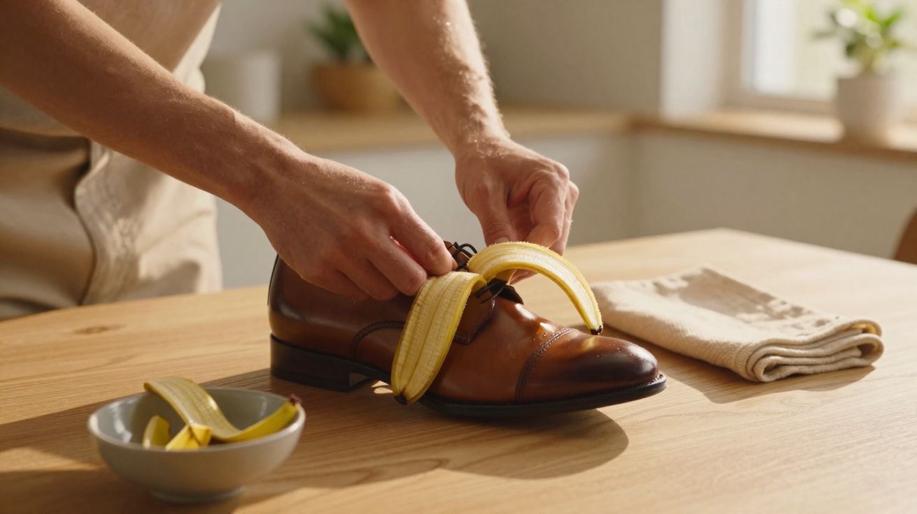 Pessoa colocando casca de banana em sapato masculino marrom sobre mesa de madeira.