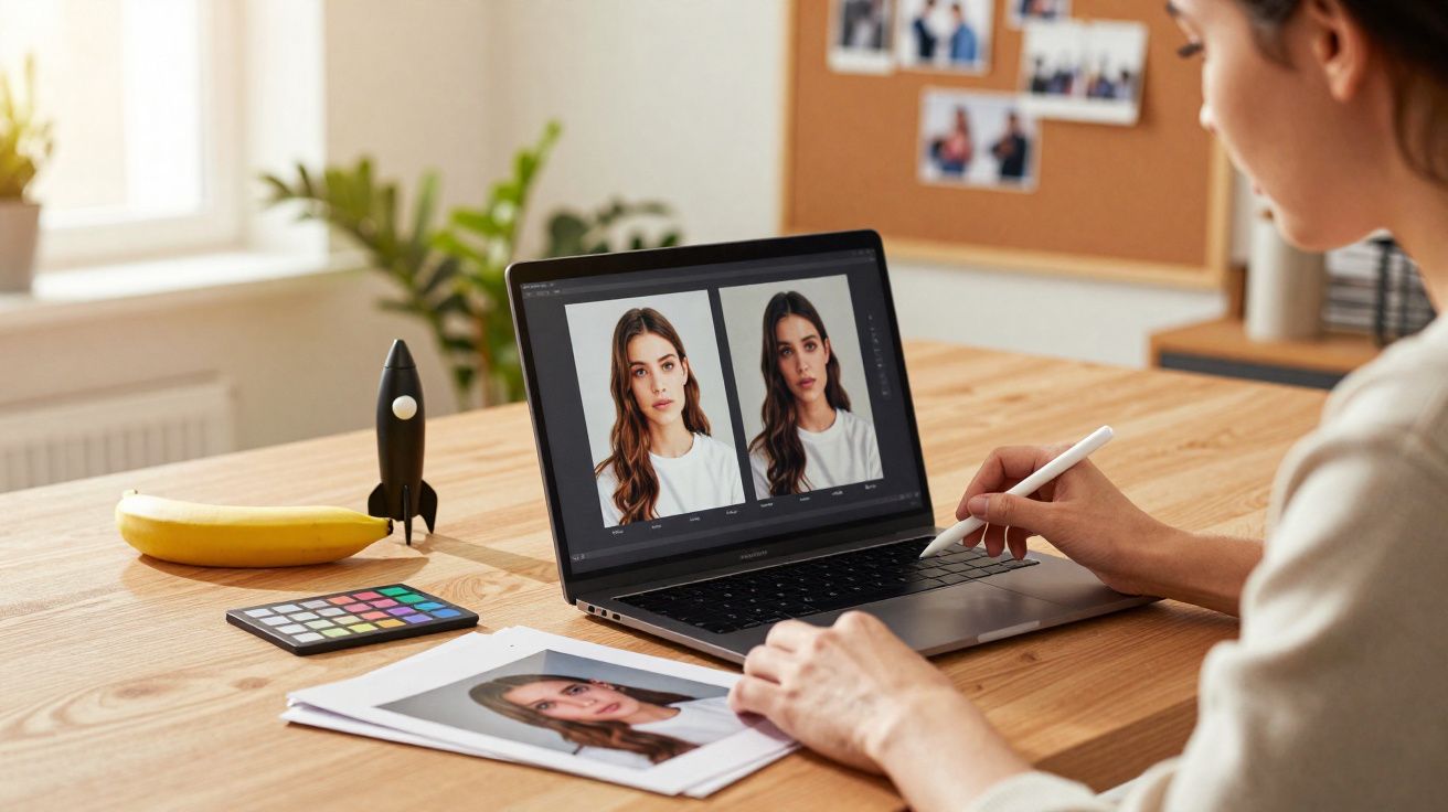 Pessoa editando fotos de retrato no laptop com caneta digital em mesa de madeira.