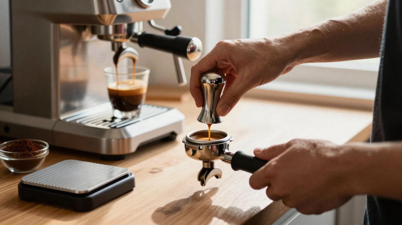 Pessoa preparando café expresso, usando prensa para compactar o pó de café em porta-filtro próximo à máquina de café.