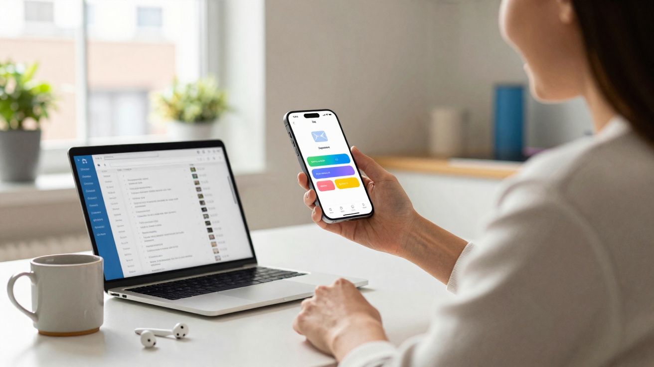 Pessoa usando smartphone com app de e-mail enquanto trabalha em laptop com interface de e-mails abertos.