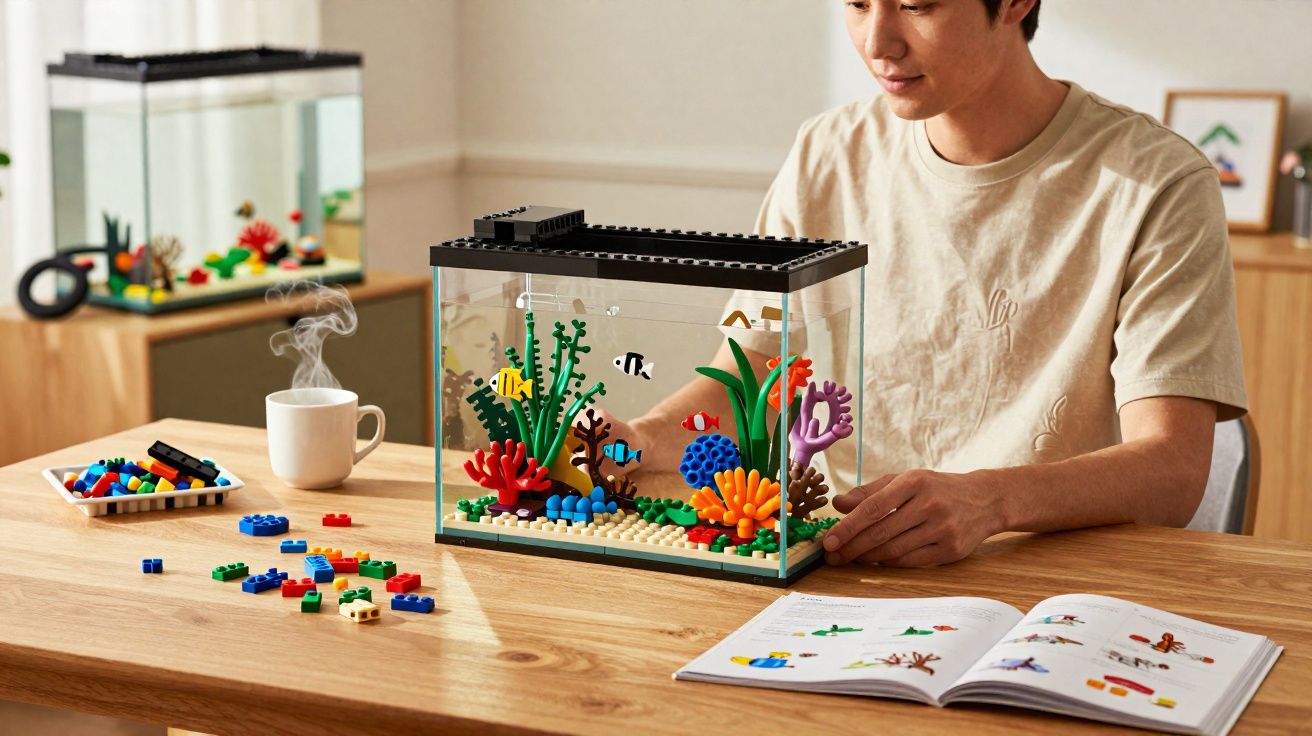 Pessoa montando aquário de LEGO com peixes coloridos e plantas em mesa de madeira.