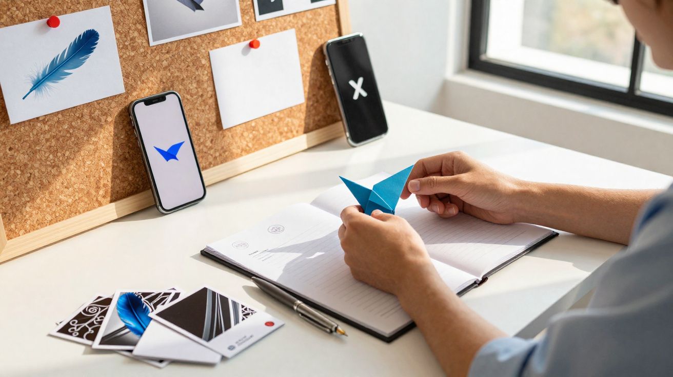 Pessoa montando avião de papel azul sobre caderno em mesa com celular e fotos de penas.