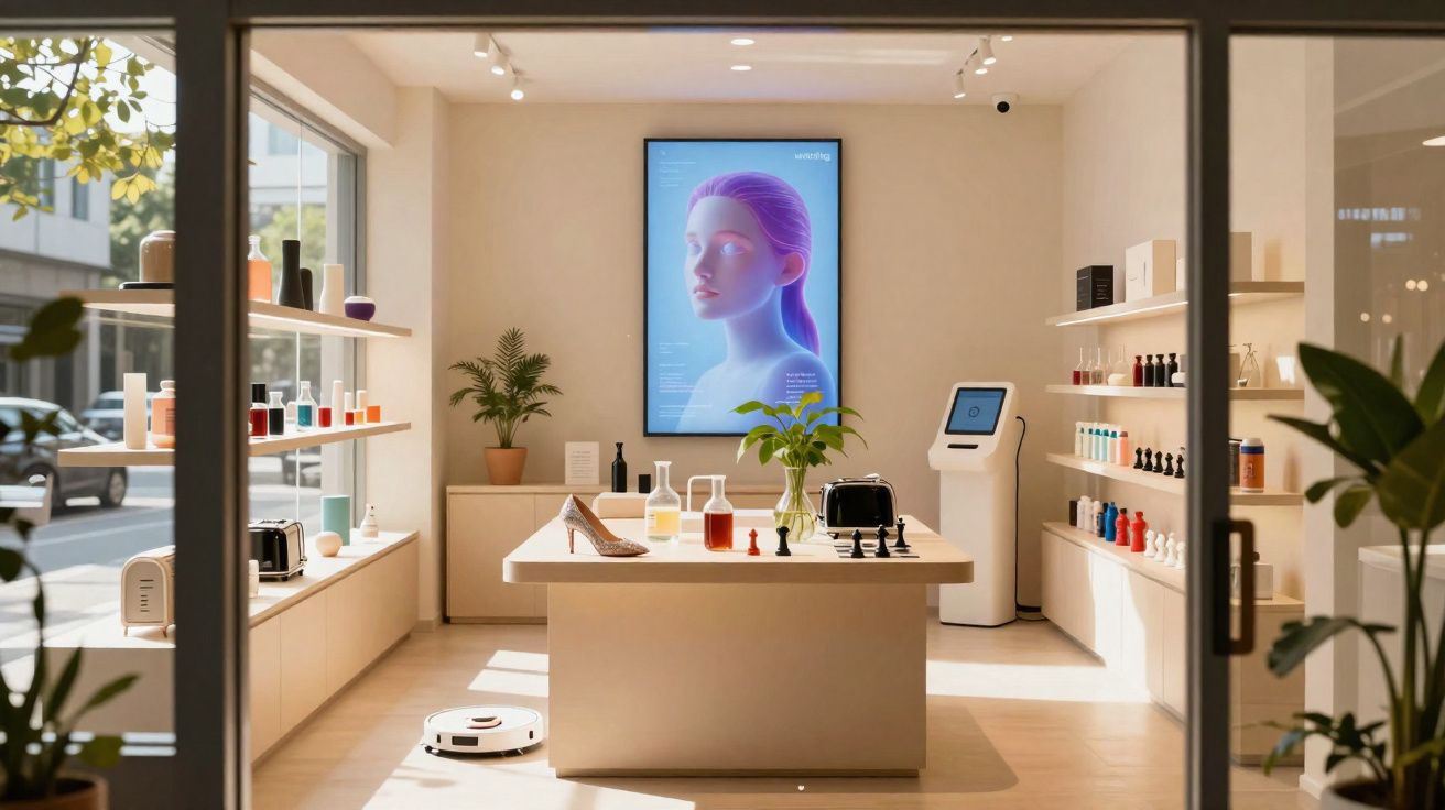 Interior de loja moderna com mesa central, produtos expostos, planta e quadro digital com imagem de rosto humano.