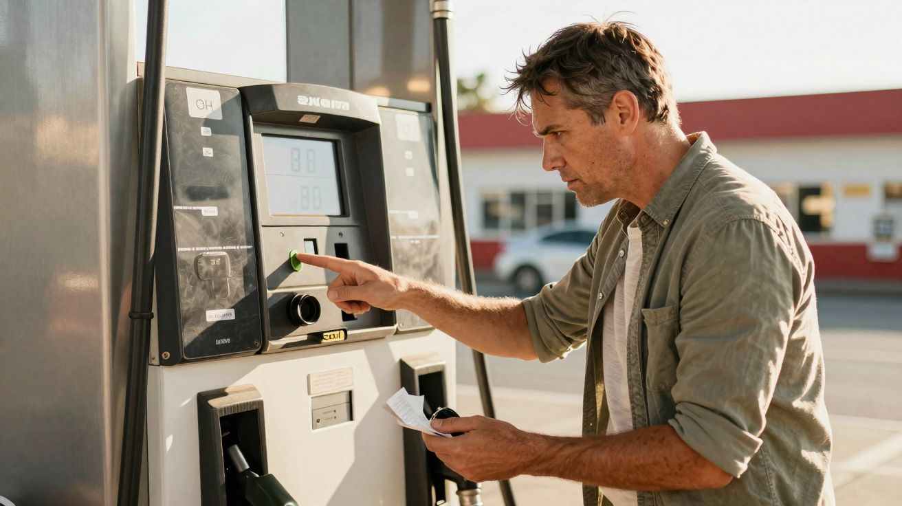 Homem vestido casual aperta botão em bomba de combustível em posto de gasolina ao ar livre.