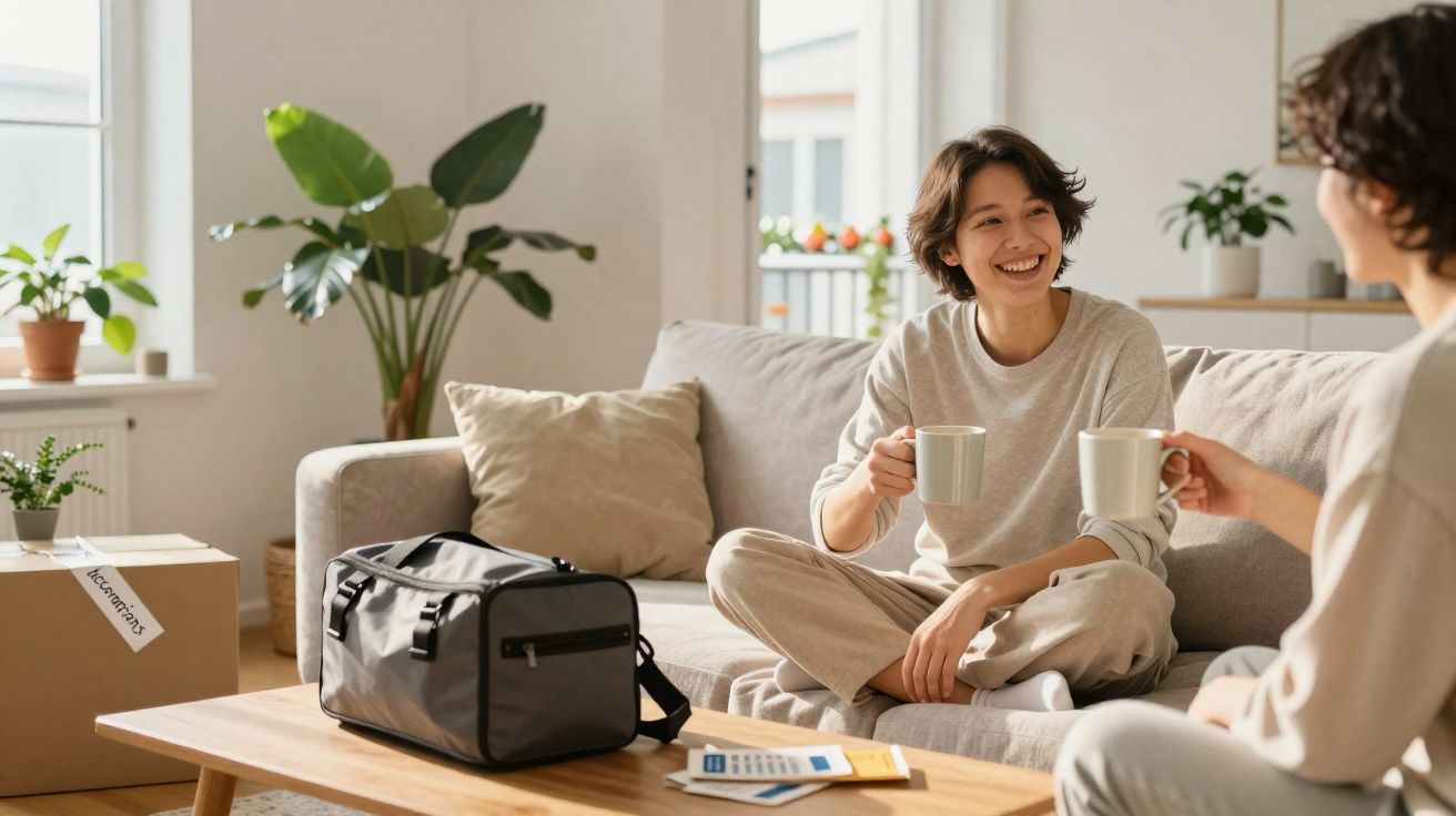 Duas pessoas sorrindo e brindando com canecas sentadas em sofá em sala iluminada, com caixa e bolsa na mesa.