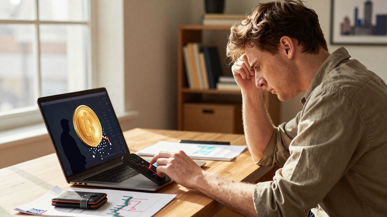 Homem preocupado analisando gráfico negativo de bitcoin no celular e notebook em mesa de trabalho.