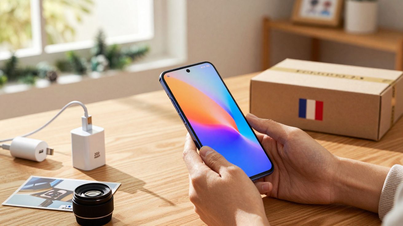 Pessoa segurando smartphone com tela colorida em mesa de madeira com carregador, lente e caixa de papelão.