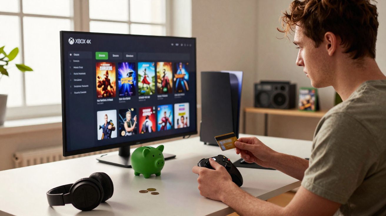 Homem segurando cartão de crédito e controle de videogame sentado em mesa com monitor exibindo jogos Xbox 4K.