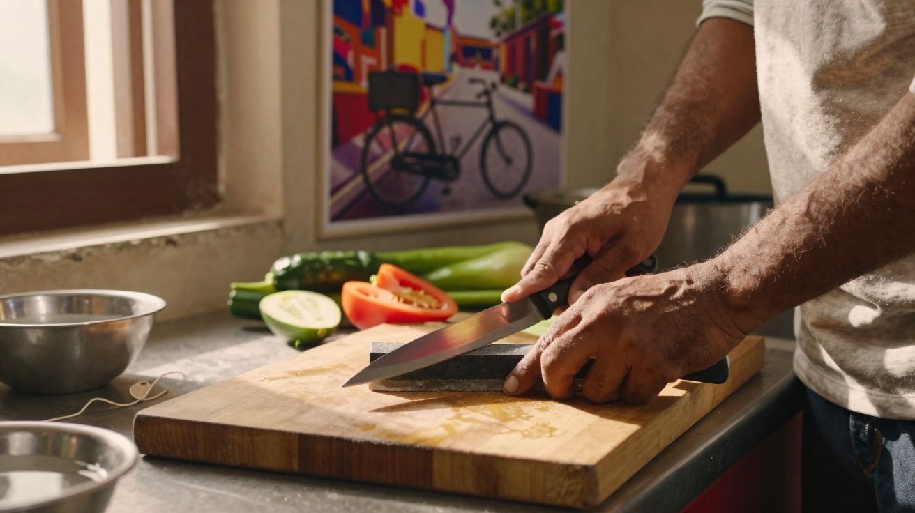 Pessoa cortando legumes em tábua de madeira na cozinha com luz natural entrando pela janela.