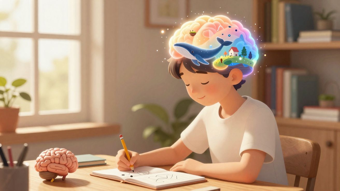 Criança desenhando com ilustração colorida da imaginação ativa, incluindo cérebro, baleia e natureza.