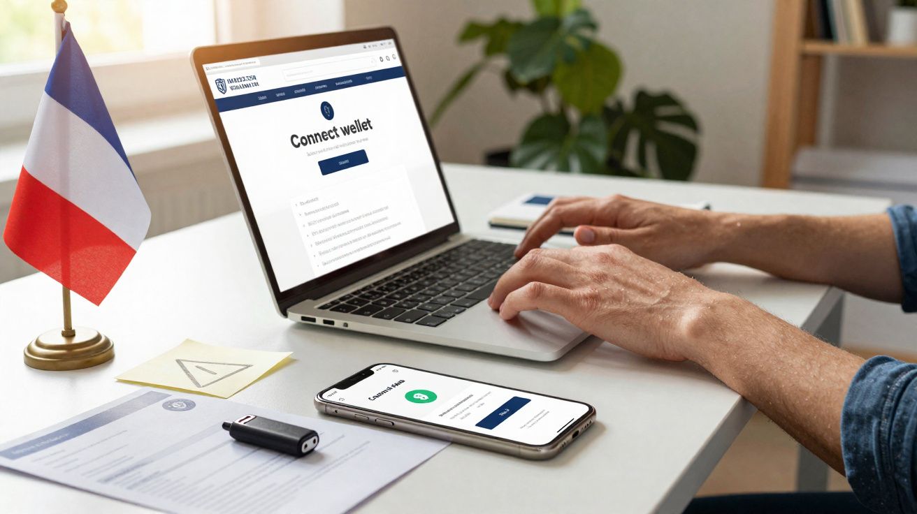 Pessoa usando laptop com página de conexão digital aberta e celular sobre mesa com documentos e bandeira da França.