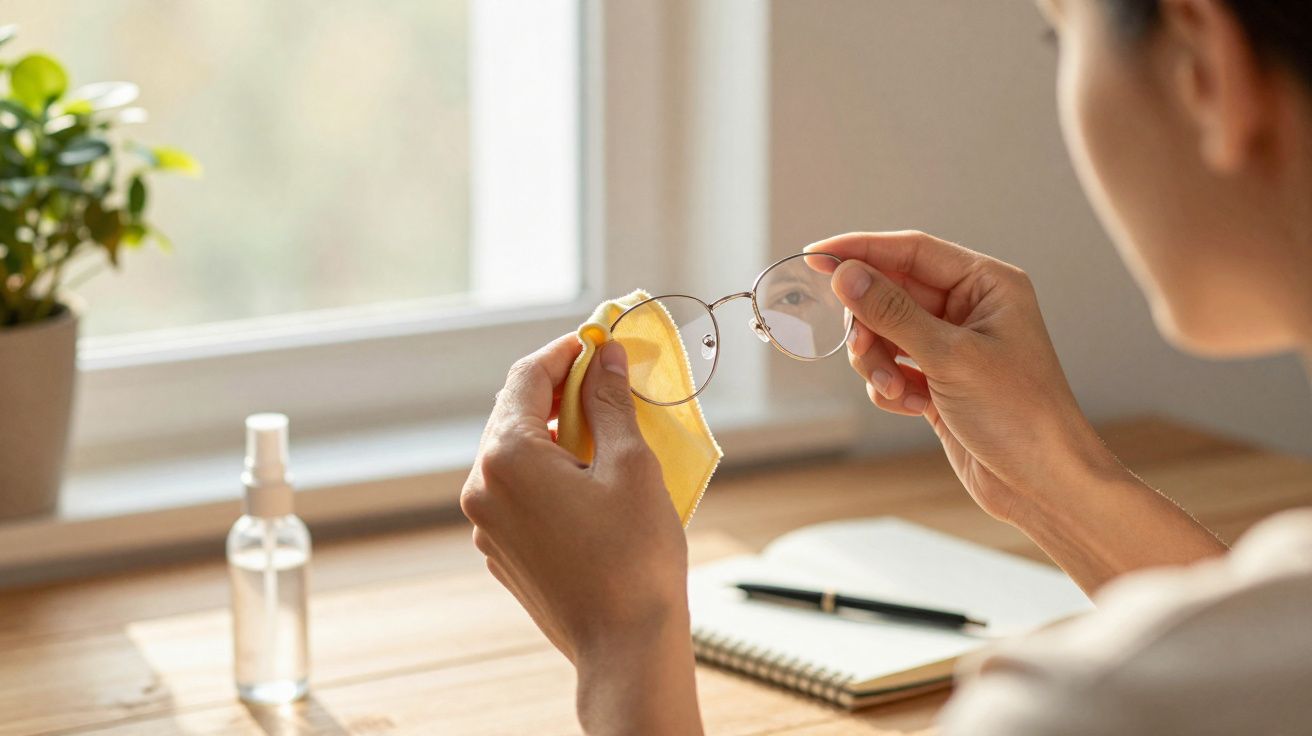 Pessoa limpando óculos com pano amarelo em mesa com caderno, caneta e planta ao fundo.