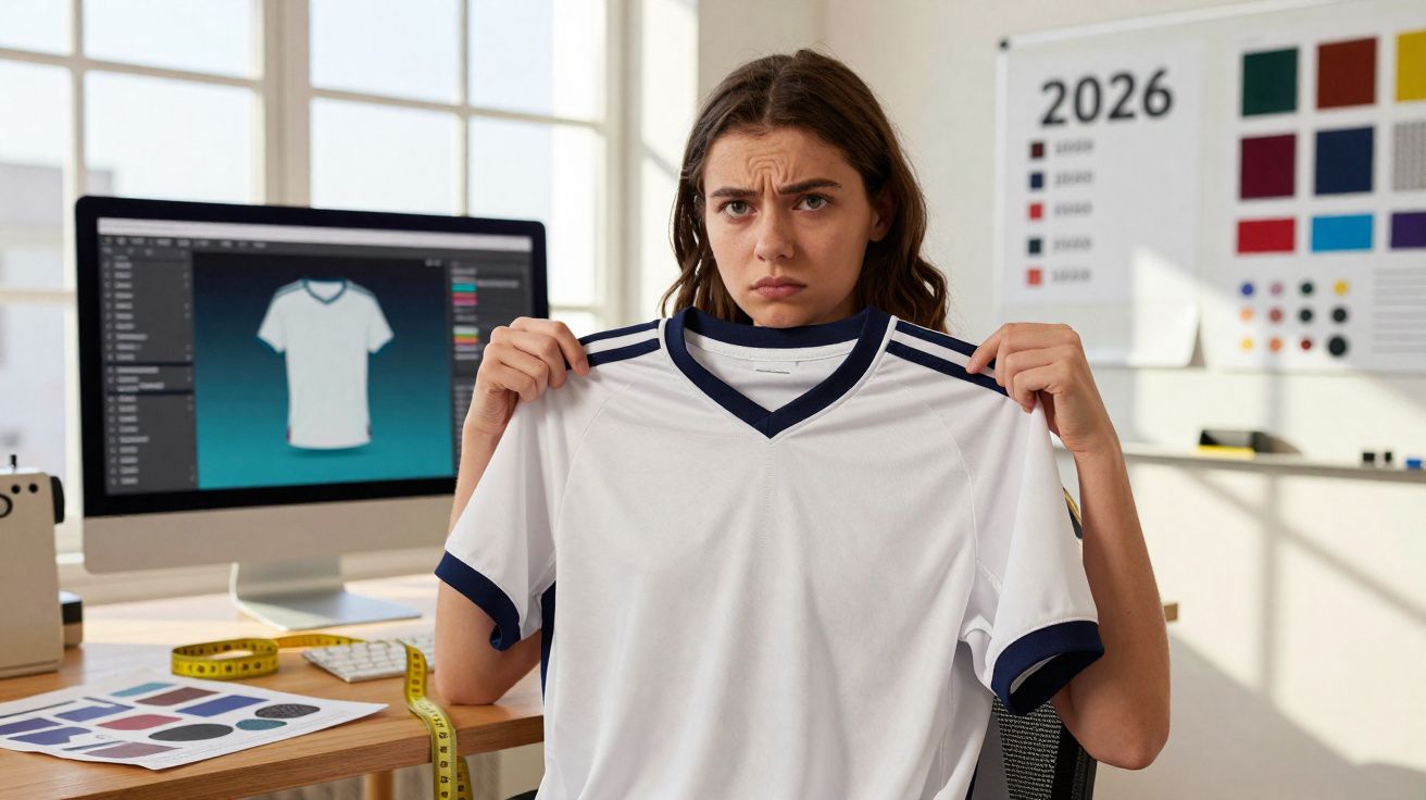 Mulher segurando camiseta branca com detalhes azuis, expressão preocupada, escritório com computador e amostras de cores.