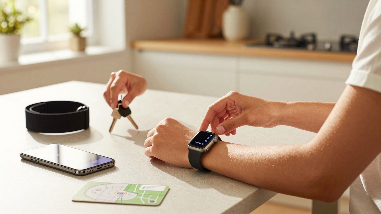 Pessoa usando relógio inteligente em cozinha com celular, porta-cartão, chave e cinto sobre bancada clara.