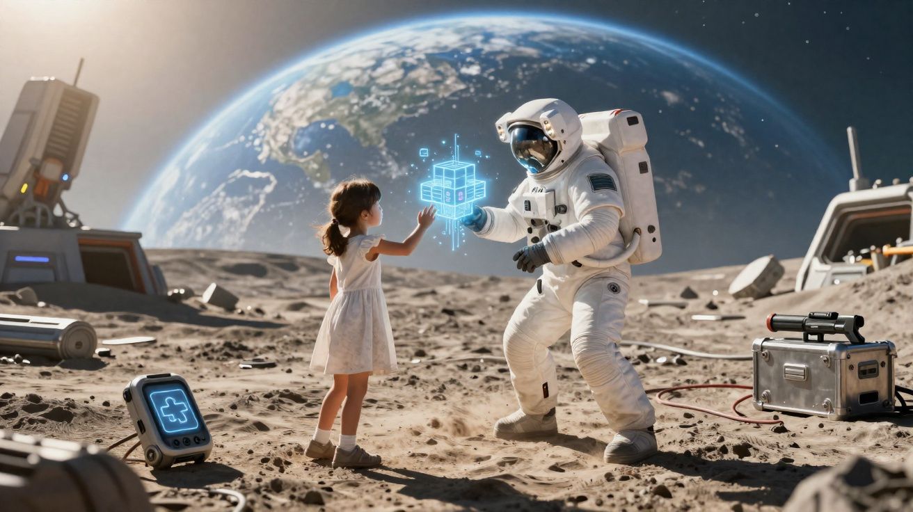 Criança e astronauta interagindo com holograma azul na superfície lunar com a Terra ao fundo.