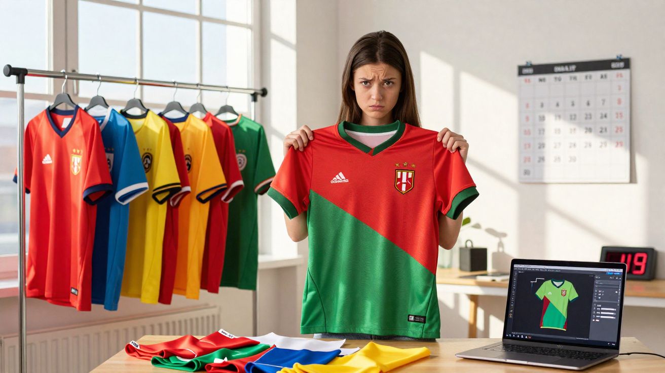 Jovem mulher segurando camiseta de time com expressão insatisfeita em sala com várias camisetas penduradas e no computador.