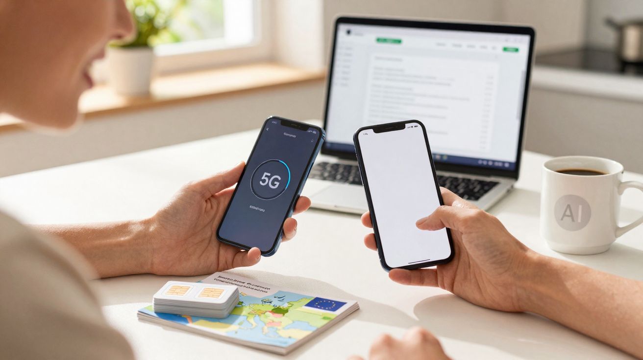 Duas pessoas segurando smartphones, um mostra conexão 5G, ao fundo laptop aberto e caneca branca.