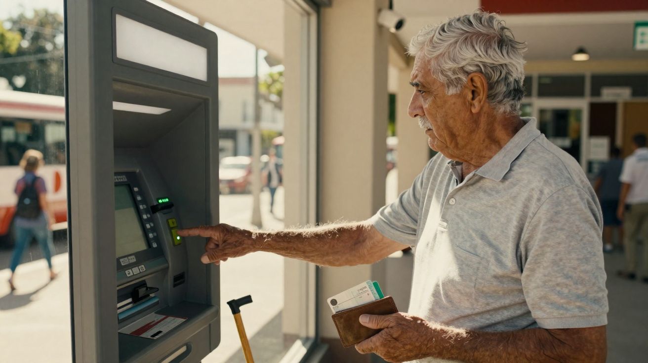 Homem idoso usando caixa eletrônico, segurando carteira e cartão, com bengala ao lado.