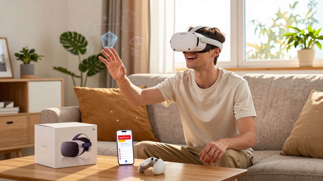 Homem sentado no sofá usando óculos de realidade virtual e interagindo com hologramas em uma sala iluminada.