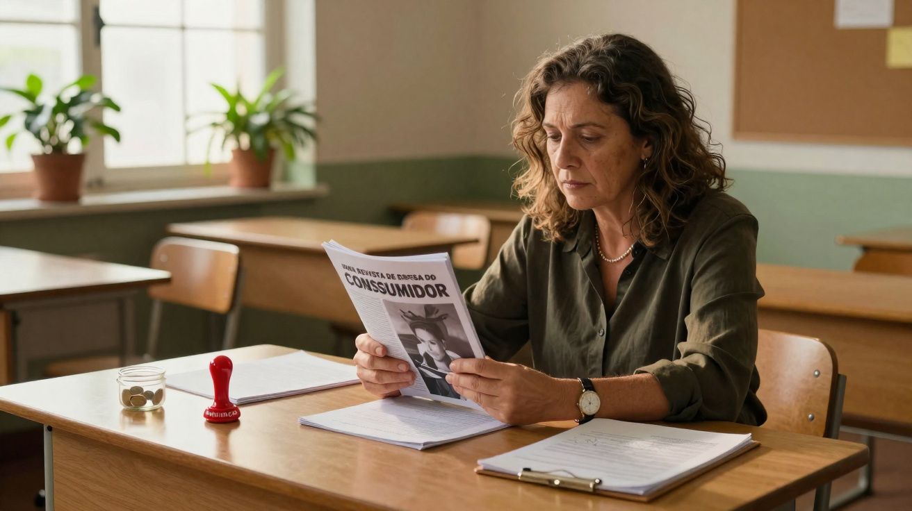 Mulher sentada lendo documento intitulado "CONSUMIDOR" em sala de aula com mesa, cadeiras e plantas.