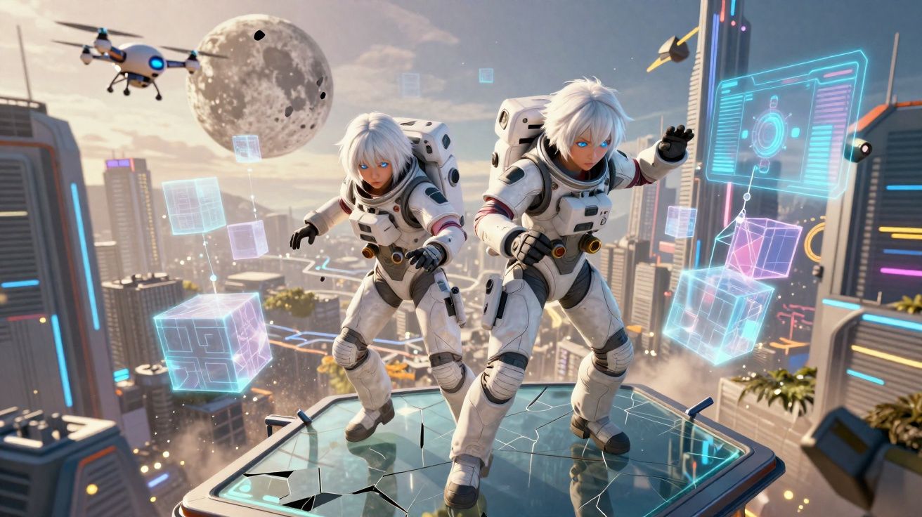 Dois personagens futuristas com cabelos brancos em trajes espaciais interagem com hologramas em cidade futurista ao entardece