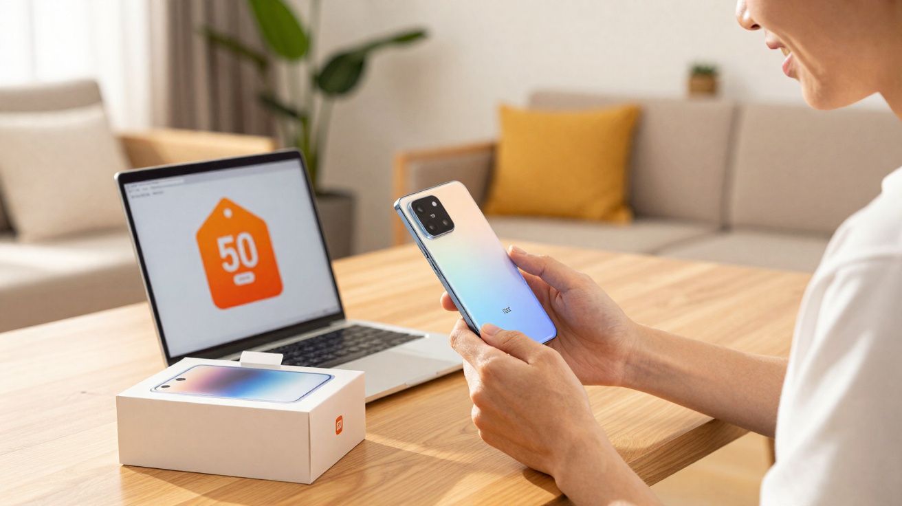 Pessoa segurando um smartphone azul perto da caixa do aparelho e notebook com promoção de 50% em uma sala.