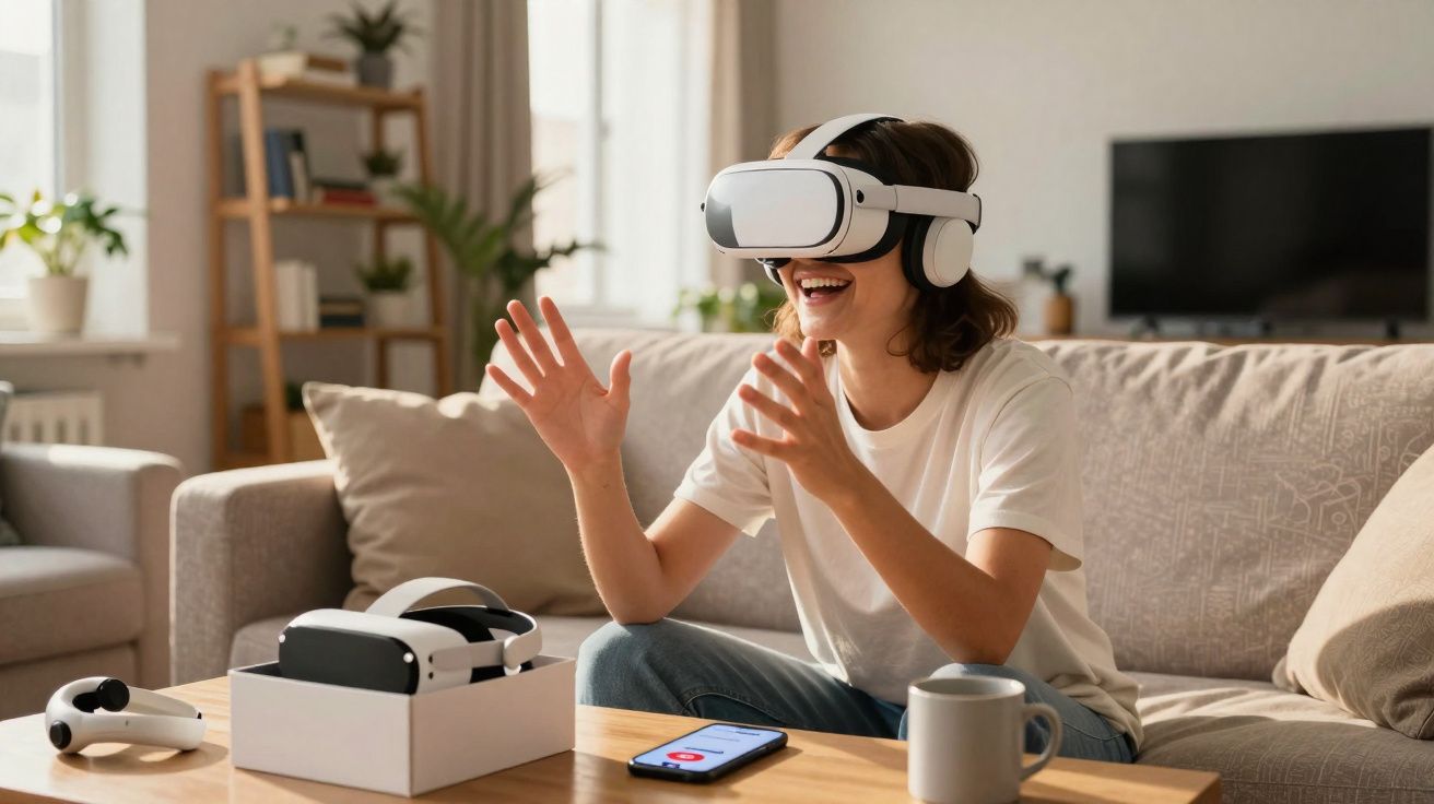Mulher sorrindo usando óculos de realidade virtual sentada no sofá em sala de estar.