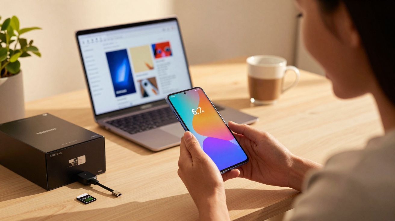 Pessoa segurando smartphone com tela colorida, carregando, diante de notebook aberto e café sobre mesa de madeira.