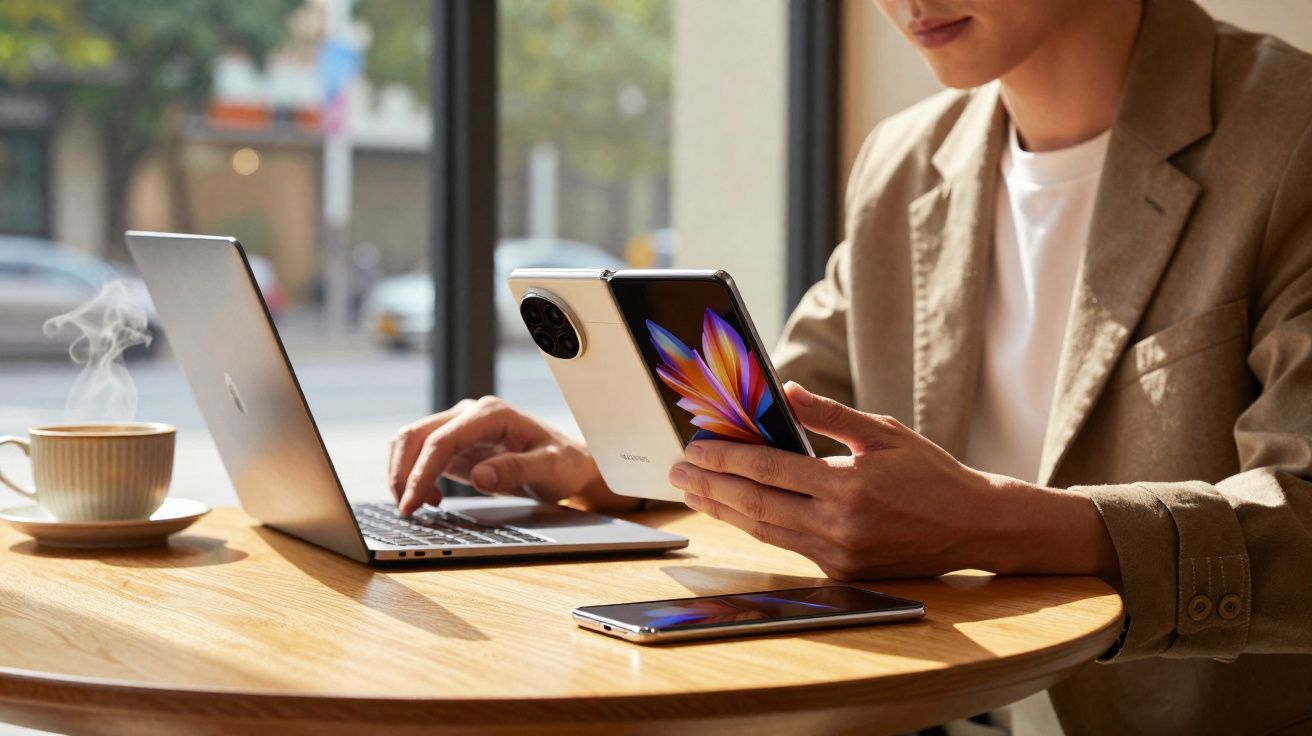 Pessoa usando smartphone dobrável ao lado de laptop e xícara de café em mesa de madeira perto de janela.