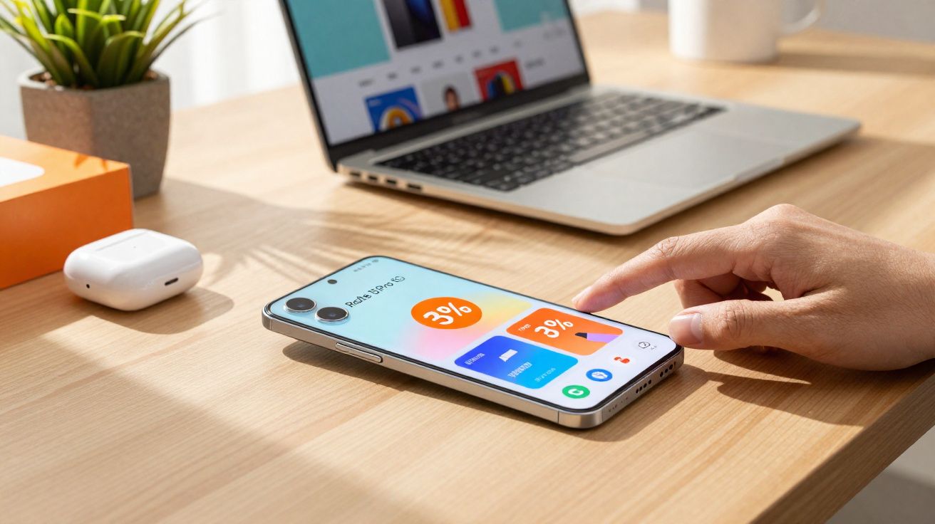 Pessoa tocando tela de smartphone com gráficos e porcentagens, ao lado de notebook e fone sem fio em mesa de madeira.